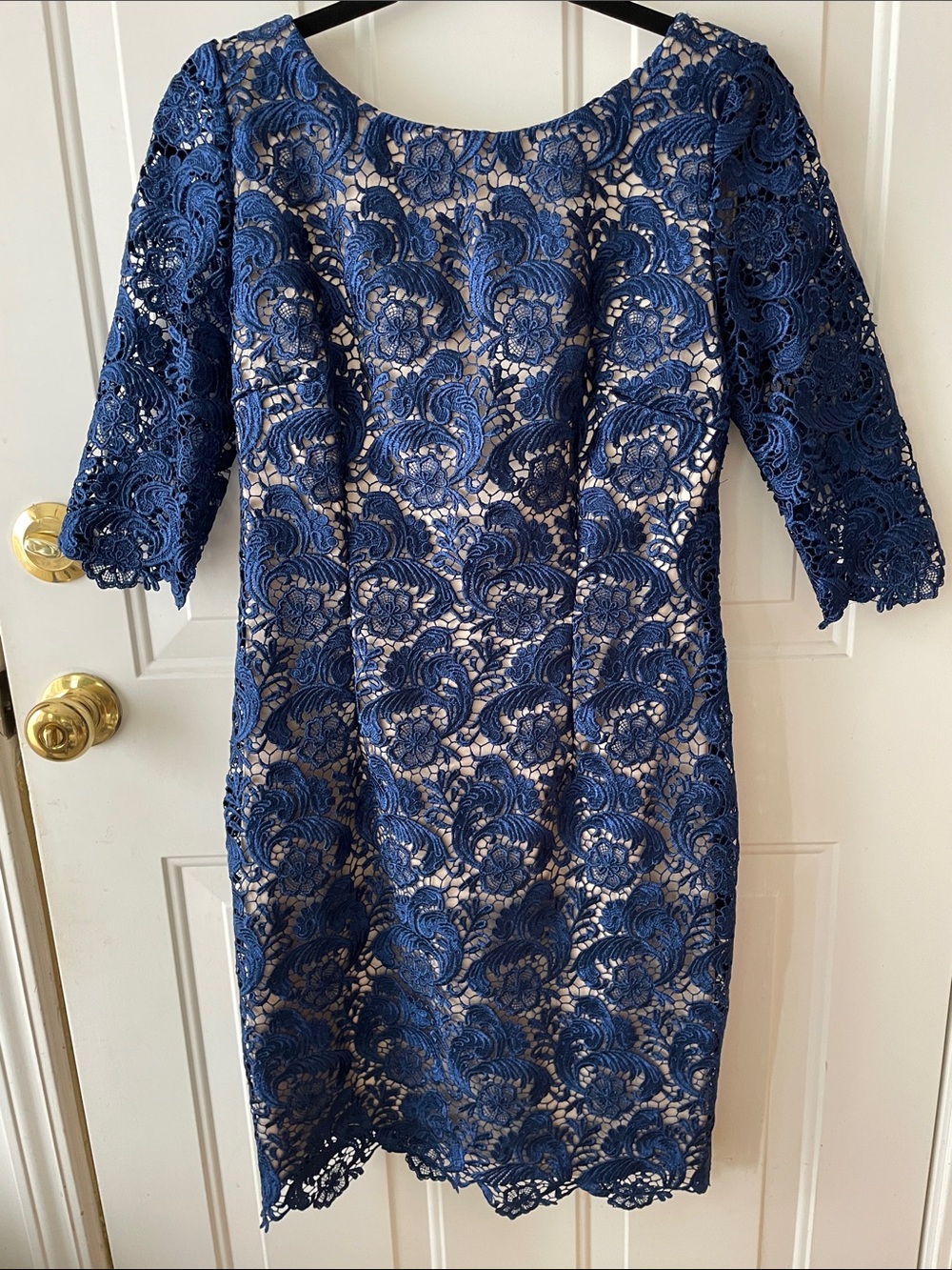 Navy Lace Midi Dress with Nude Underlay 
Wedding Guest Formal Evening